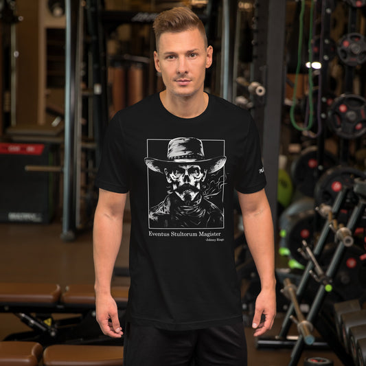 Trouble in Any Language Tee: 'Eventus Stultorum Magister' with Skeleton Johnny Ringo, 100% Cotton, Black, S-3XL - PulseRise Apparel